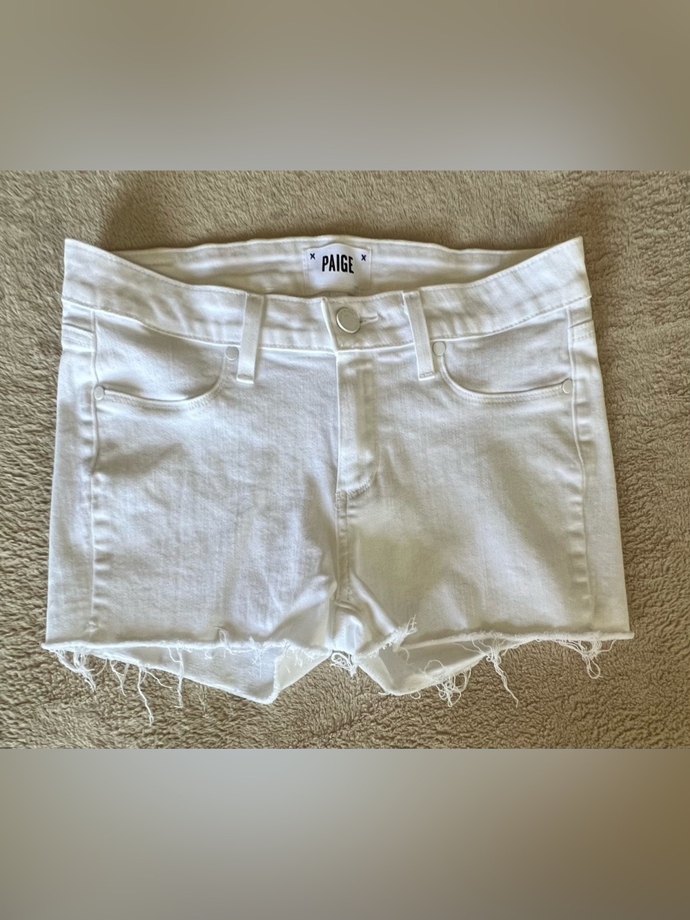 PAIGE White Raw Hem High-Rise Denim Shorts